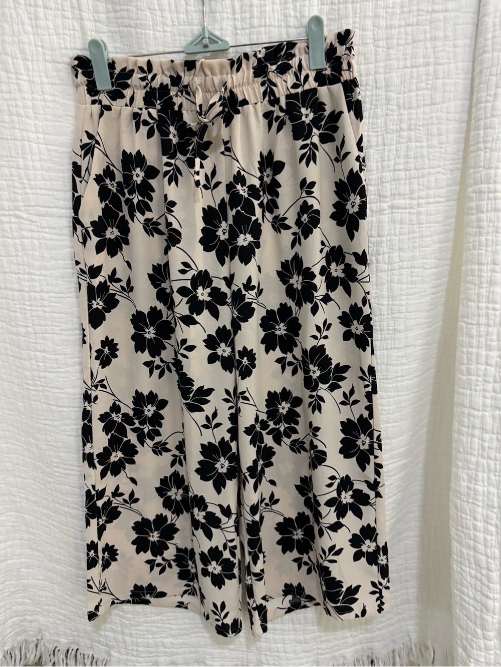 Beige Floral Wide-Leg Pants with Black Flower Print